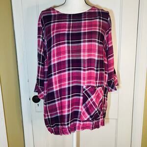 Pink and Purple Plaid Blair Long Sleeve Crew Neck Top Size Medium